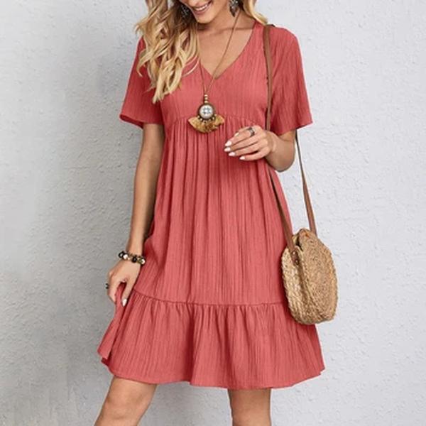 Feminino casual boêmio com decote em V manga curta babados mini vestido, vestido solto em linha a, monocromático, elegante, praia, festa, rua, verão