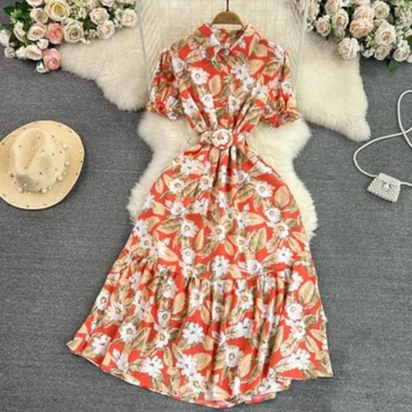Vestido longo estampado vintage feminino, elegante gola virada para baixo, peito único, manga curta, cintura alta, maxi linha A, verão, novo
