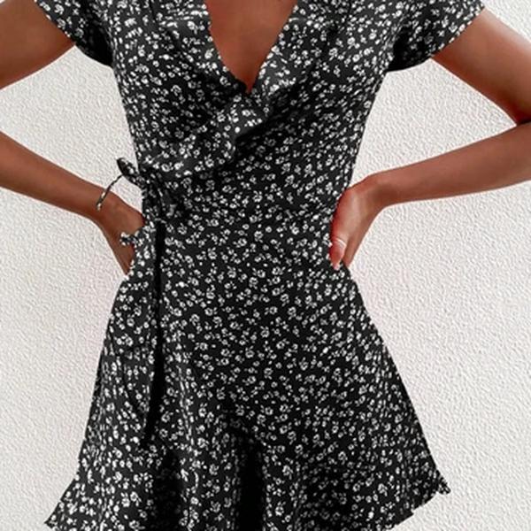 Mini vestido de babados florais femininos, Floral A-Line, Vestido curto bandagem para senhora, Flores chiques, doce, elegante, verão