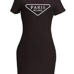 T-shirt de manga curta para mulher, mini vestido com letras estampadas, casual, slim fit, gola redonda, verão