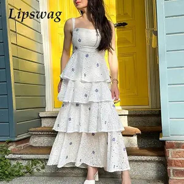 Vestido de noite sem mangas estampado floral francês feminino, suspensor, cintura alta, bolo, casual, vestidos longos, verão, novo, doce, 2024