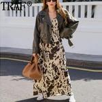 TRAF-Vestido feminino de deslizamento sem mangas com estampa animal, Vintage, Sem encosto, Sexy, Midi Party Dresses, Longo, Summer Holiday, 2022