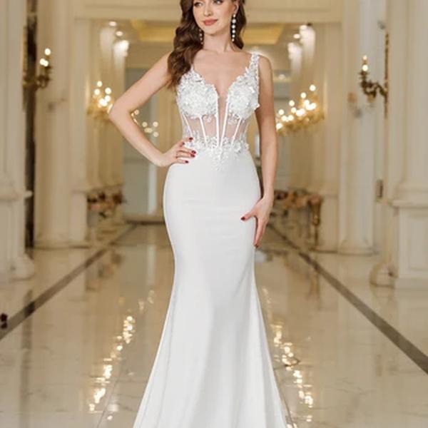 Vestidos de baile sem encosto, Vestidos com decote em v, Meimaid branca, Apliques elegantes, Ilusão, Robe formal, 2024
