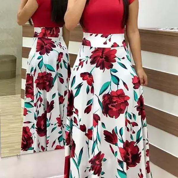 Vestido Maxi com estampa floral feminino, Manga curta, Elegante, Vintage, Longo, Festa de verão, Praia, Vestidos A Line, Robe, 2022
