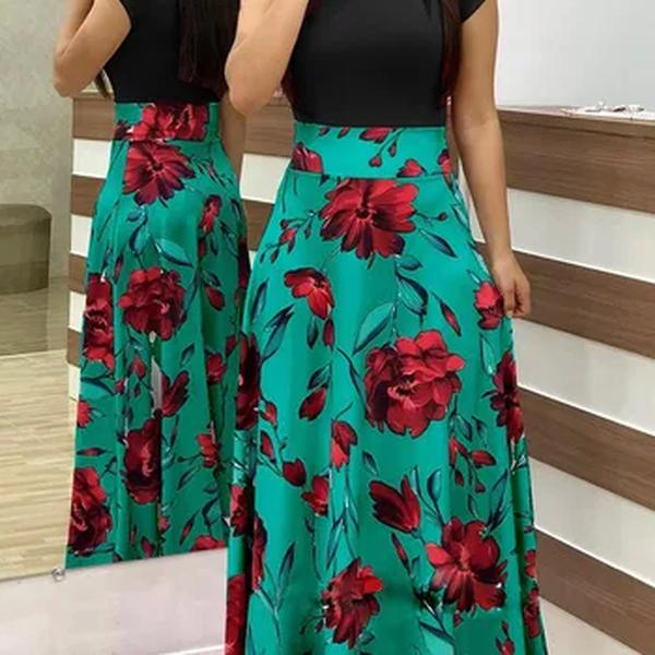 Vestido Maxi com estampa floral feminino, Manga curta, Elegante, Vintage, Longo, Festa de verão, Praia, Vestidos A Line, Robe, 2022
