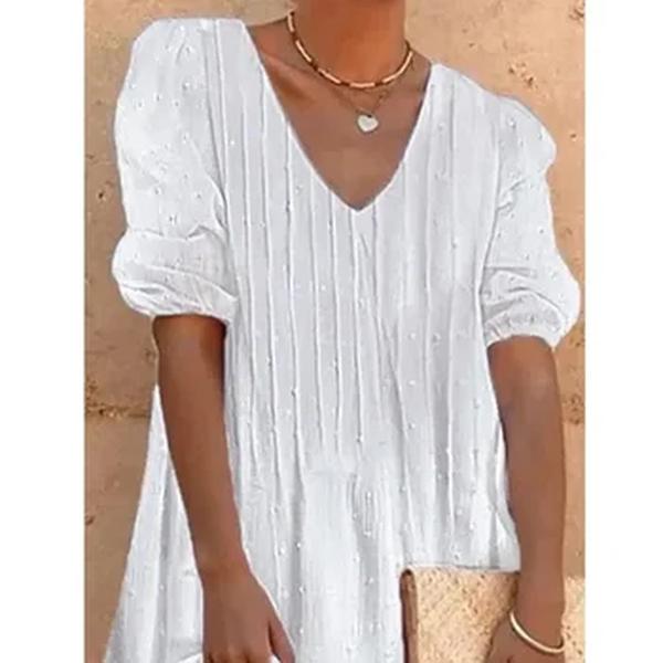 Mulheres com patchwork de renda plissado White Beach Midi Dress, Decote V, manga curta, solto, elegante, vestidos de festa, verão, moda, 2023