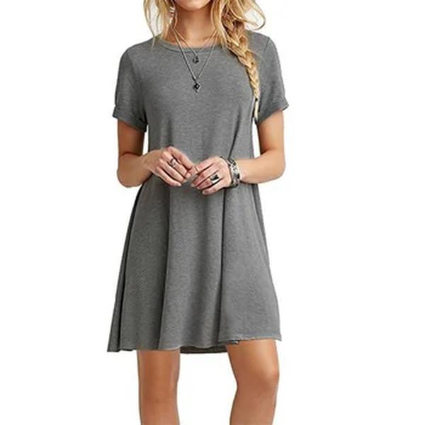 Mulheres Mini Vestido de Verão Casual Boho Praia Vestidos Cor Sólida O-Neck Manga Curta Festa A Linha Vestido Vestidos QT033