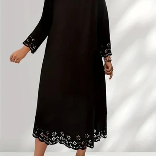 Vestido solto casual feminino, gola redonda, manga comprida, oco, cor sólida, plus size, nova moda, 1XL-5XL