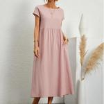 Elegante vestido feminino de manga curta com decote em O, Harajuku vintage, linho algodão, confortável, bolso solto, longo, monocromático, verão