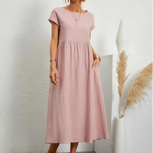 Elegante vestido feminino de manga curta com decote em O, Harajuku vintage, linho algodão, confortável, bolso solto, longo, monocromático, verão
