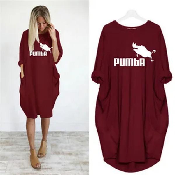 Vestido com estampa de pumba feminino, solto, gola redonda, manga longa, bolsos, confortável, casual, tamanho positivo, verão