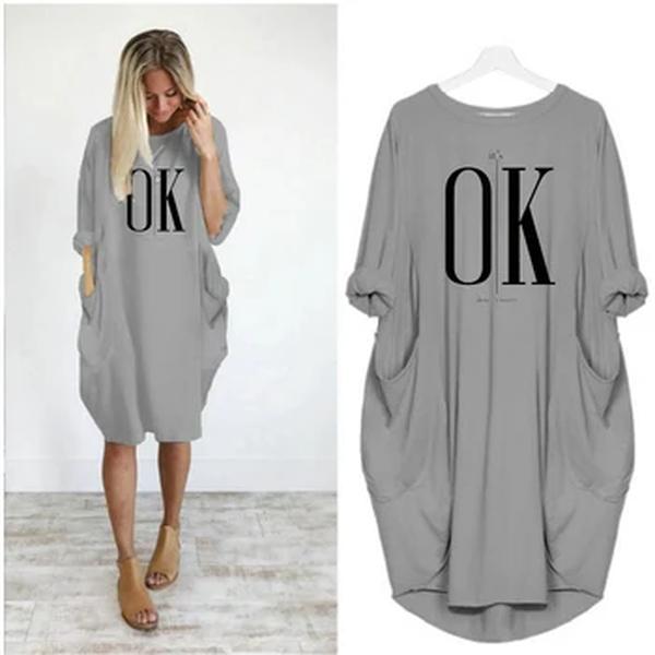Vestido casual solto feminino, gola redonda, manga longa, bolso, confortável, plus size, ok, não tem impressão, verão