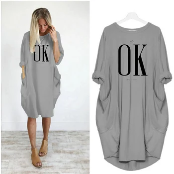 Vestido casual solto feminino, gola redonda, manga longa, bolso, confortável, plus size, ok, não tem impressão, verão