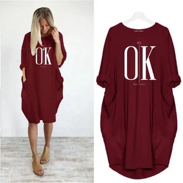 Vestido casual solto feminino, gola redonda, manga longa, bolso, confortável, plus size, ok, não tem impressão, verão