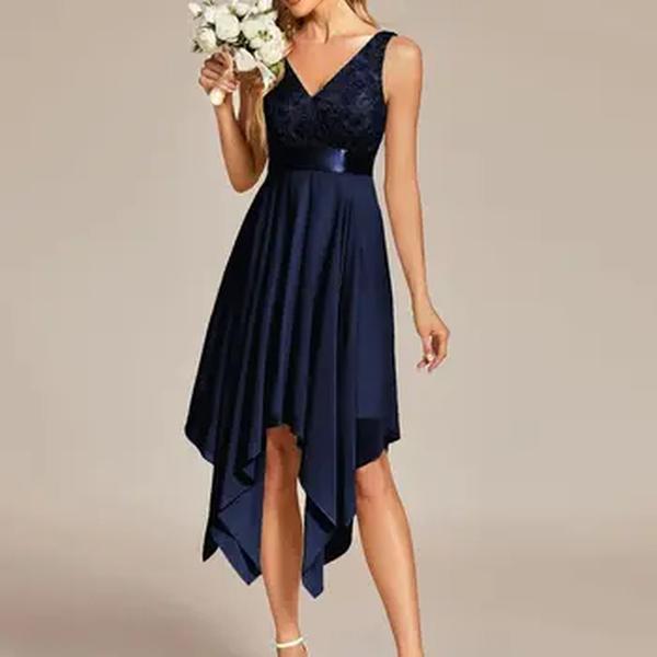 Vestido de coquetel vintage feminino com decote em V, Bainha irregular, Renda, Linha A, Casamento, Dama de honra, Festa, Baile