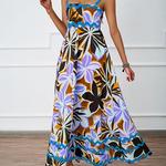 Elegante vestido de praia sem costas feminino, vestidos longos, sexy, sem mangas, rosa, floral, feriado, verão, 2024