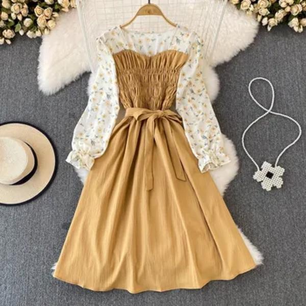 YuooMuoo-Vestido bandagem floral feminino, vestido de festa com cintura fina, mangas compridas, vintage elegante, moda chique, primavera, novo, 2022