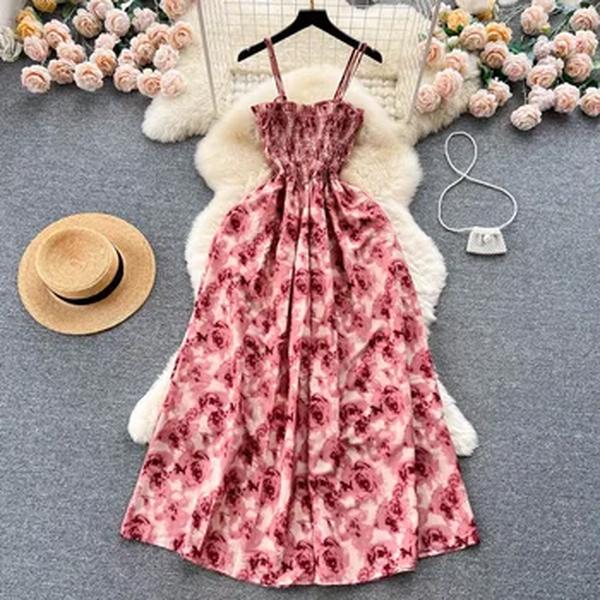 YuooMuoo-vestido longo elástico de cintura alta, moda coreana, estampa rosa, vestido de festa retrô romântico para férias e praia, verão
