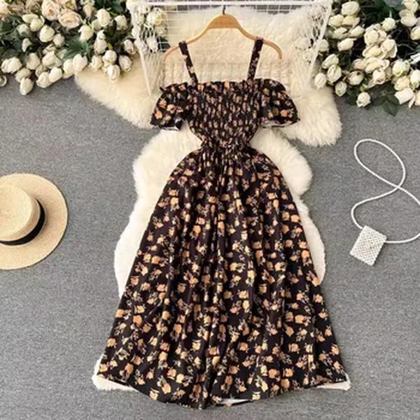 YuooMuoo-Vestido longo de verão floral romântico feminino, alças de ombro, vestido de praia de férias, moda festa coreana