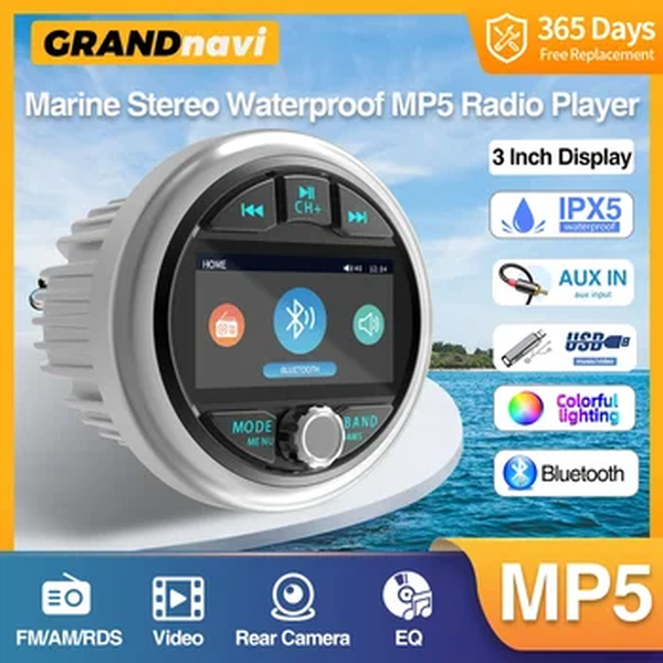 GRANDnavi-Waterproof Marine Stereo, Leitor de rádio IPX5 Boat MP5, Bluetooth, FM, AM, RDS Audio para bitola de iate, ATV, UTV, Carrinho, Motocicleta