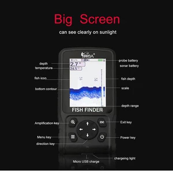 Colorido Sem Fio Fish Finder, Inglês ou Russo, Dot Matrix Sonar Sensor, Transdutor Profundidade Eco Sounder, Bateria Recarregável, 200m