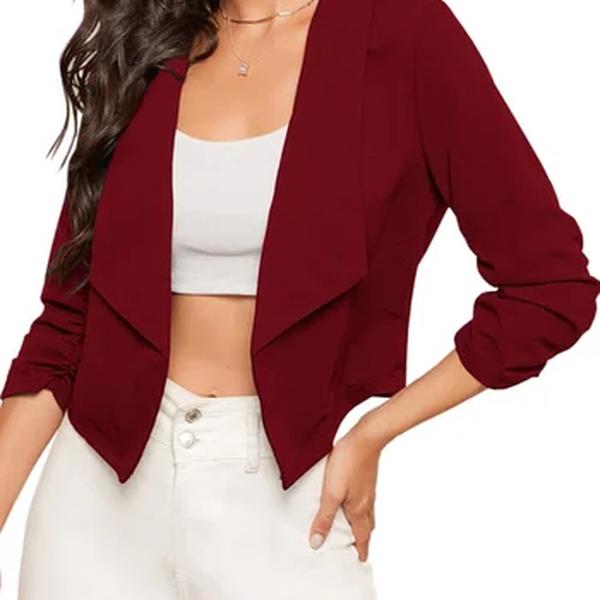 Blazer curto casual feminino, manga 3/4, blazer frontal cortado, jaquetas monocromáticas, senhora do escritório, casacos femininos elegantes, moda