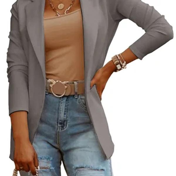 Blazer frontal aberto de manga comprida feminino, blazer casual solto, elegante casaco entalhado, jaqueta monocromática, moda senhora do escritório