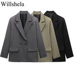 Willshela-Blazer de trespassado duplo feminino com bolsos, mangas compridas vintage, pescoço entalhado, roupas de escritório femininas, moda feminina, monocromática
