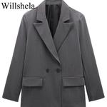 Willshela-Blazer de trespassado duplo feminino com bolsos, mangas compridas vintage, pescoço entalhado, roupas de escritório femininas, moda feminina, monocromática