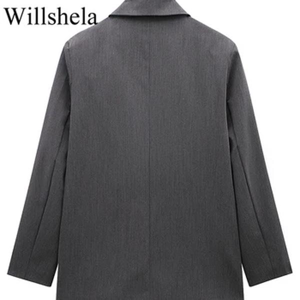 Willshela-Blazer de trespassado duplo feminino com bolsos, mangas compridas vintage, pescoço entalhado, roupas de escritório femininas, moda feminina, monocromática