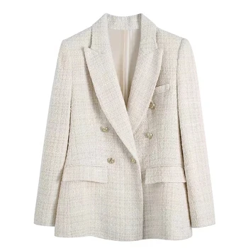 ZRN-Blazer de peito duplo de Tweed feminino, casaco de manga longa vintage, bolsos com aba, outerwear feminino, colete chique, moda feminina