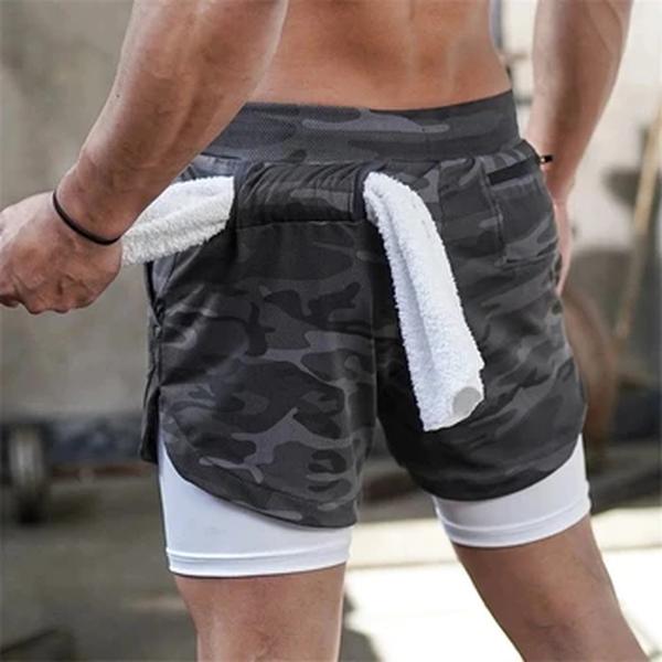 Shorts masculinos de corrida Camo, Double Deck, Quick Dry, shorts esportivos de ginástica, fitness, jogging, treino, calças curtas esportivas, 2 em 1, 2023