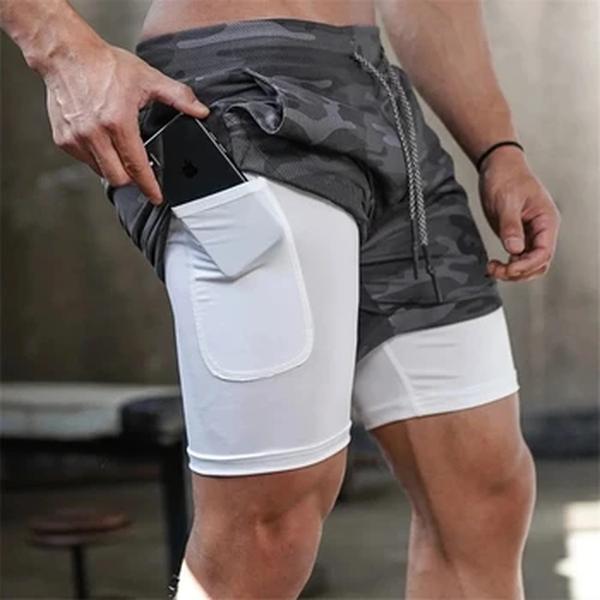 Shorts masculinos de corrida Camo, Double Deck, Quick Dry, shorts esportivos de ginástica, fitness, jogging, treino, calças curtas esportivas, 2 em 1, 2023