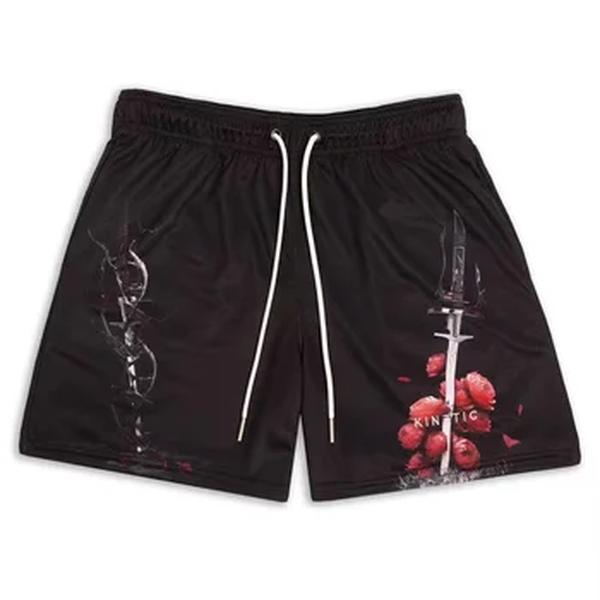 Shorts de malha respirável de secagem rápida para homens, estampa em chamas largas, academia, basquete, moda, verão, 2023