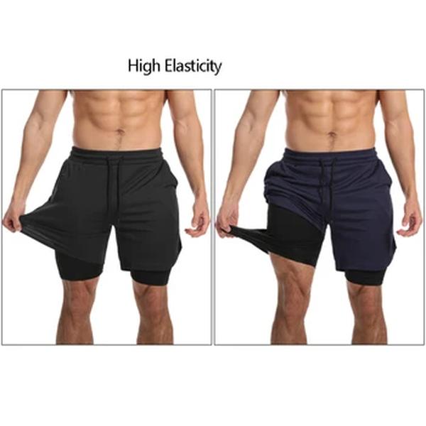 Shorts esportivos de secagem rápida para homens, corrida, treino, jogging, deck duplo, fitness, ginásio, treinamento, 2 em 1, verão, 2023