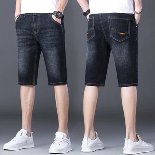 Shorts jeans com comprimento do joelho masculino, jeans reto de algodão, jeans curto monocromático, estilo rua, elástico, marca de moda casual, 2024