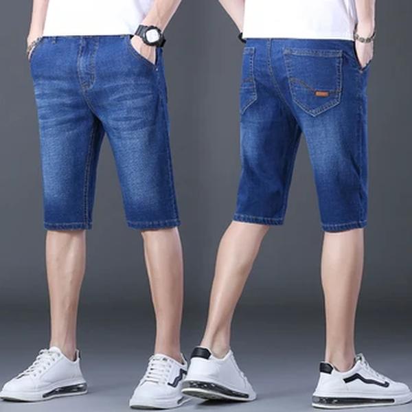 Shorts jeans com comprimento do joelho masculino, jeans reto de algodão, jeans curto monocromático, estilo rua, elástico, marca de moda casual, 2024