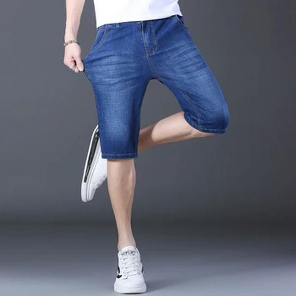 Shorts jeans com comprimento do joelho masculino, jeans reto de algodão, jeans curto monocromático, estilo rua, elástico, marca de moda casual, 2024