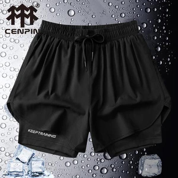 Shorts masculinos de plataforma dupla, roupas esportivas 2 em 1, fundo de praia, academia, treinamento, corrida, calças curtas, verão, 2024