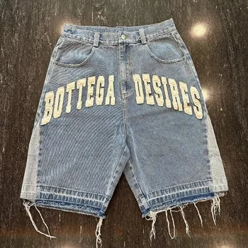 Shorts jeans retrô American Street Harajuku para homens e mulheres, carta bordada, jeans de grandes dimensões, casual solto, versátil, Y2K