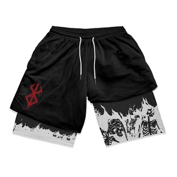 Shorts de corrida com estampa berserk masculino, treino de ginástica, shorts esportivos fitness com bolsos, vestuário esporte secagem rápida, 2 em 1