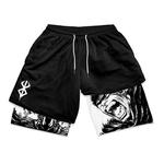 Shorts de corrida com estampa berserk masculino, treino de ginástica, shorts esportivos fitness com bolsos, vestuário esporte secagem rápida, 2 em 1
