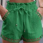 Shorts de linho de algodão feminino, calções apertados, moda praia branca, design oco, bolso para aparar, cor sólida, roupas brancas, 2024