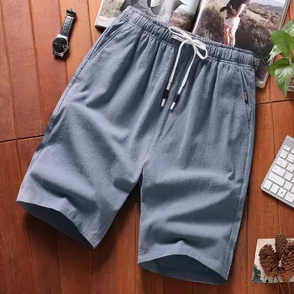 Shorts de verão masculino de algodão e linho, estilo fino, tamanho grande, calças quartas, solto, cor sólida, cintura elástica, calça que combina com tudo