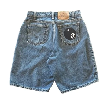 Calções jeans de basquete de cintura alta para homens, padrão bola preta, bordado azul, bolso retrô, curto Y2K, verão