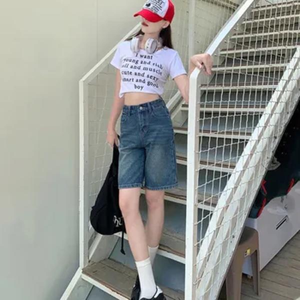 Calça jeans solta e cintura alta feminina, marca slim feminina, casual, de pernas largas, curta, 5 pontos, calça de joelho azul, verão, nova