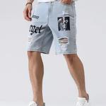 Shorts jeans elásticos para homens, jeans rasgados na altura do joelho, calças largas, calças confortáveis, streetwear casual, letras, verão