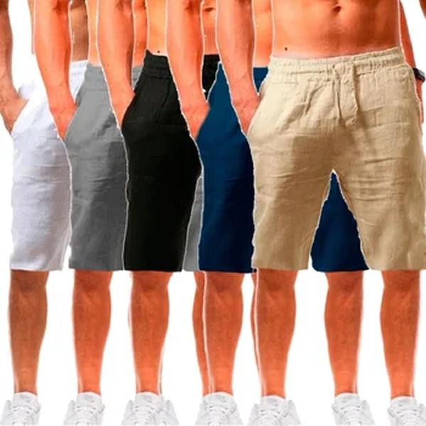 Calção de linho algodão masculino, respirável, elástico na cintura, solto, casual, monocromático, moda masculina, verão