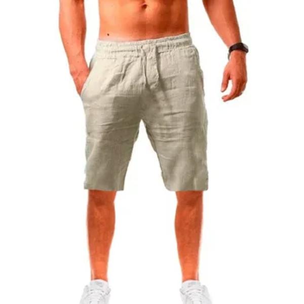 Calção de linho algodão masculino, respirável, elástico na cintura, solto, casual, monocromático, moda masculina, verão