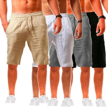 Shorts de linho respirável casual masculino, moletom solto para praia, linho de algodão monocromático, verão, 5 pontos